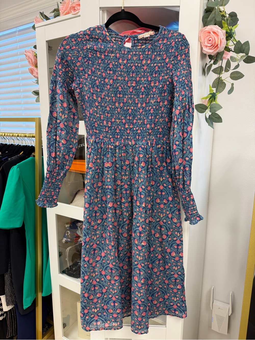 BANJANAN Smocked Floral Long Sleeve Dress XS Cottagecore‎ Girlhoodcore Boho Luxe
